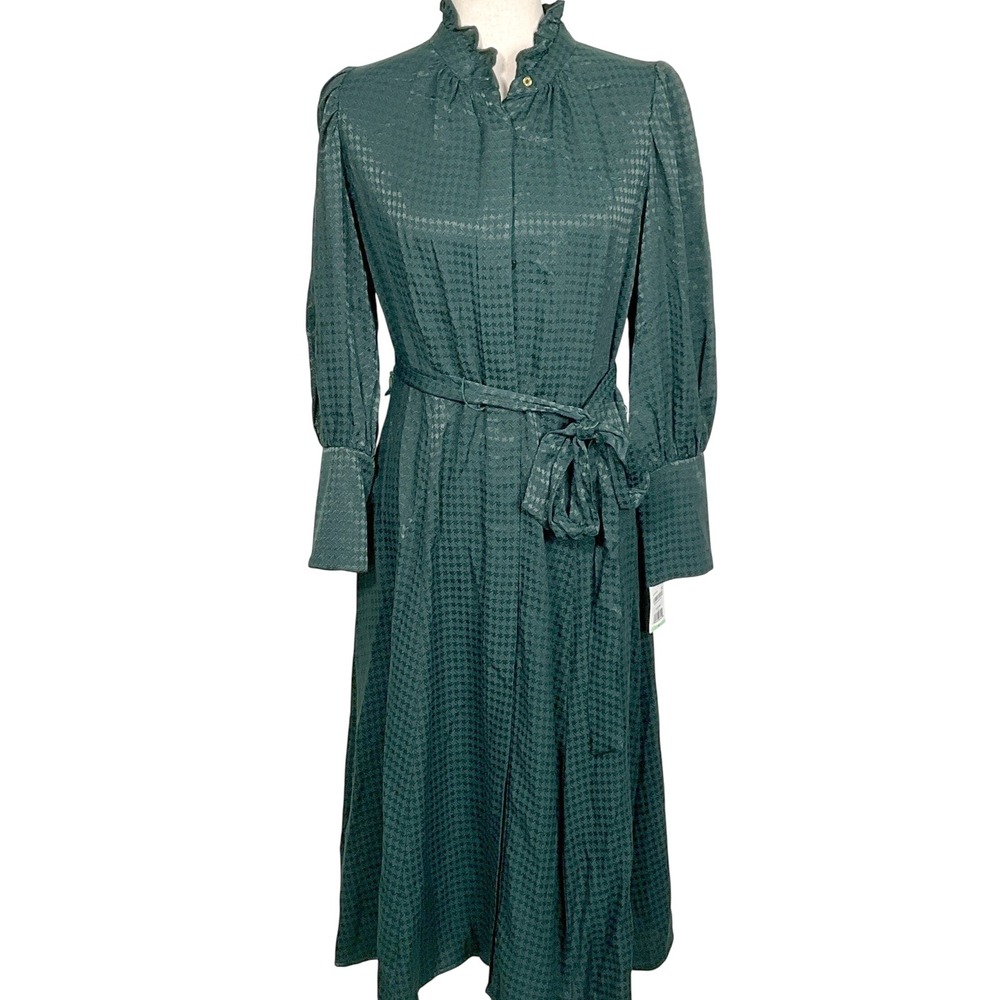 Calvin Klein‎ Dress Women 8 Dark Green Embossed Houndstooth Midi Victorian NWT